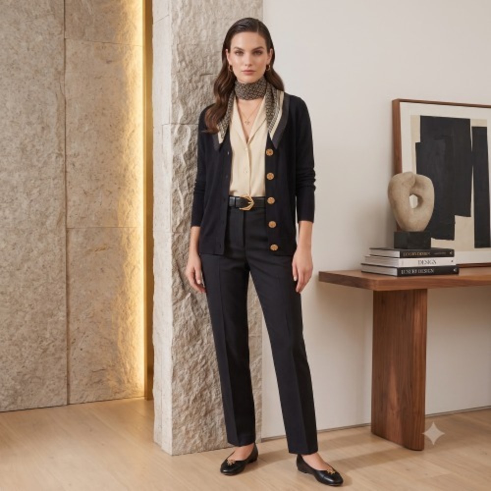 Tory Burch Simone Black Merino Wool Cardigan Sweater Gold Logo Buttons M